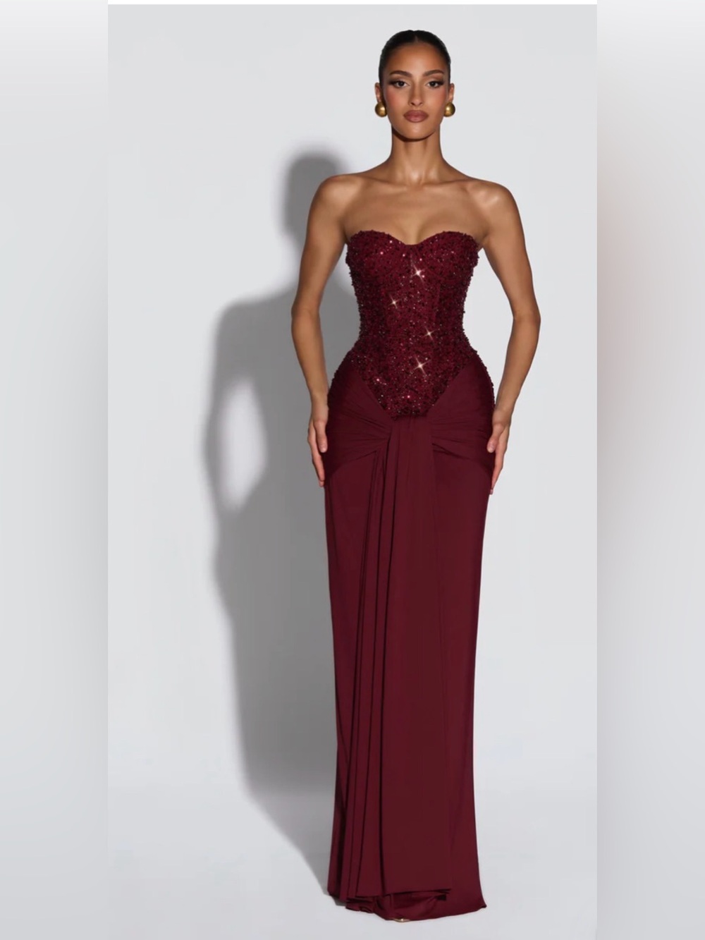 Strapless Sequin Corset Evening Gown in Burgundy